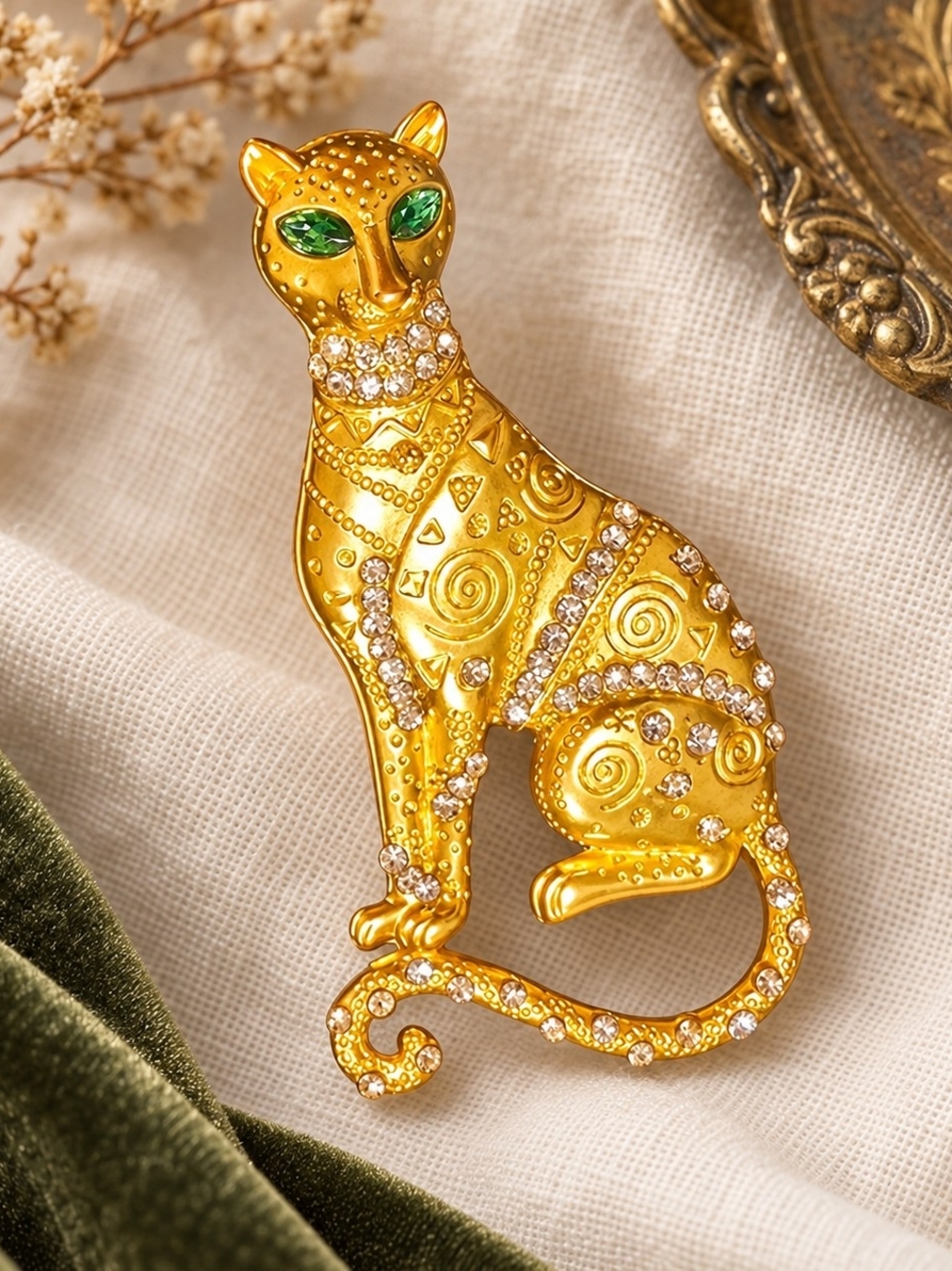 Gold Cat Brooch with Green Crystal Eyes - Elegant Cat Jewelry